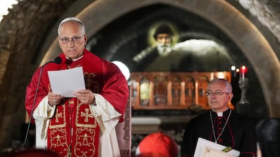 Pope Leo delivers a speech in front of the tomb of St Charbel Makhlouf at the Monastery of St Maroun, in Annaya. EPA