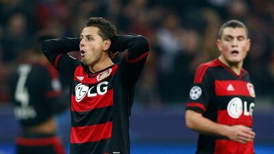 Javier Hernandez of Bayer Levekusen reacts after their draw with AS Roma in the Champions League on Tuesday night at the BayArena. Dean Mouhtaropoulos / Bongarts / Getty Images
