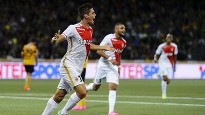 Monaco's Guido Carillo, left, celebrates with Layvin Kurzawa, right, after scoring in AS Monaco's 3-1 win over BSC Young Boys in the Champions League third qualifying round on Tuesday. Fabrice Coffrini / AFP / July 28, 2015