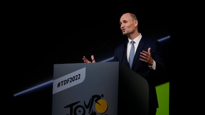 Amaury Sports Organizations President Jean Etienne delivers his speech during the presentation of the 2022 Tour de France. EPA