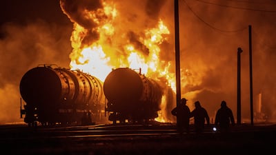 Tank cars on fire after Russian shelling at a railway junction in Donetsk, in Russian-annexed Ukraine. Reuters