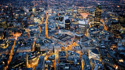 Aerial night view of the City of London on August 6, 2007 in London. Jason Hawkes / Getty Images