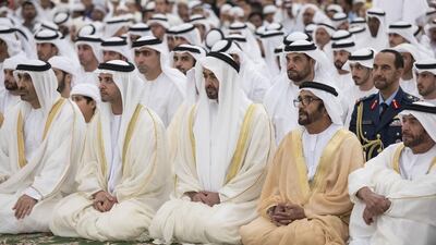 Sheikh Mohammed bin Zayed, Crown Prince of Abu Dhabi and Deputy Supreme Commander of the Armed Forces, attends Eid Al Fitr prayers at the Sheikh Zayed Grand Mosque. He is seen with Sheikh Hazza bin Zayed, Vice Chairman of the Abu Dhabi Executive Council, Sheikh Saeed bin Zayed, Abu Dhabi Ruler’s Representative, Sheikh Suroor bin Mohammed and Sheikh Saif bin Mohammed. Ryan Carter / Crown Prince Court - Abu Dhabi