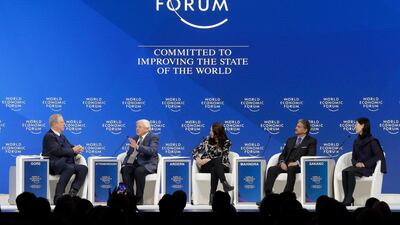 Young leader Akira Sakano, right, on stage at Davos 2019 at a talk called 'safeguarding the planet'. From left, Al Gore, former vice president of the US, presenter Sir David Attenborough, Jacinda Ardern, Prime Minister of New Zealand, and Anand Mahindra, chairman of Mahindra Group. Markus Schreiber / AP