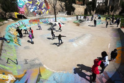Refugee children skate on February 24, 2018 at the "7Hills Skate Park" in Amman. AFP Photo