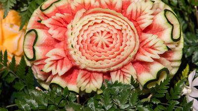 A carved watermelon is displayed during a fruit and vegetable carving competition in Bangkok. Robert Schmidt / AFP