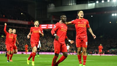 Sadio Mane, second from right, of Liverpool scored twice in the first half as his side beat Tottenham Hotspur 2-0. Mike Hewitt / Getty Images