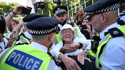 British police arrest an 89-year-old protester at a 'Lift The Ban' demonstration in London in support of the proscribed group Palestine Action, in August 2025. AFP