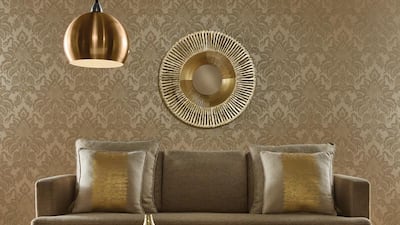 Glisten Gold Damask wallpaper and metallic accents. Courtesy Arthouse