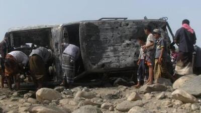 The site of a drone strike on the road between Yafe and Radfan districts of the southern Yemeni province of Lahj on August 11.