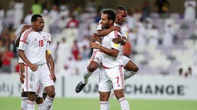 Ali Mabkhout, No 7, and his UAE teammates were excellent against Saudi Arabia on Tuesday. Chris Whiteoak / The National
