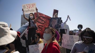 A march and rally against the rise in racism towards Asian-Americans is held outside the State Capitol in Atlanta. EPA