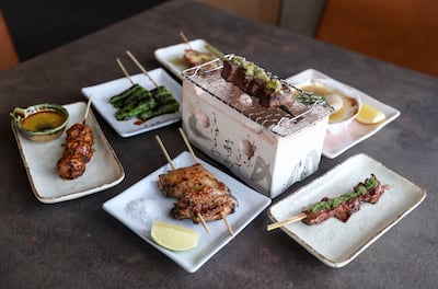 Yakitori options available from the grill at Niri. Khushnum Bhandari / The National