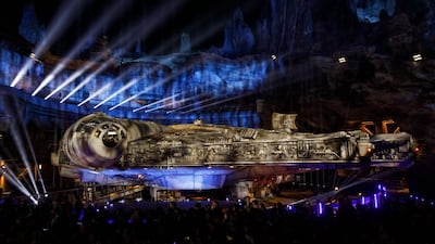 The Millennium Falcon stands illuminated following the unveiling of Star Wars: Galaxy's Edge at the Disneyland theme park in Anaheim, California, US. Bloomberg