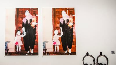 Artist Khaled El Demerdash's Semsem's White repeated photographs from the artist's family archive, featuring cutouts and markings on his mother's face and hands