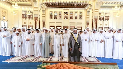 Sheikh Mohammed bin Rashid, Vice President and Ruler of Dubai, leads the funeral prayers for Khamis Mattar Al Mazeina. WAM