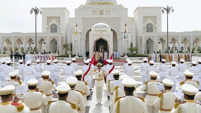 The Pope and dignitaries stand for the national anthem during a reception at the Presidential Palace on February 4, 2019. Rashed Al Mansoori / Ministry of Presidential Affairs
