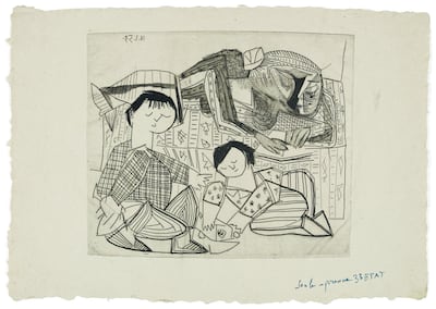 Picasso’s partner, Francoise Gilot, and their children are depicted in his 1953 picture, ‘Francoise, Claude, Paloma: reading and games II’. Succession Picasso 2019