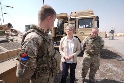 Foreign Secretary Yvette Cooper speaks to British troops sent to Saudi Arabia. PA