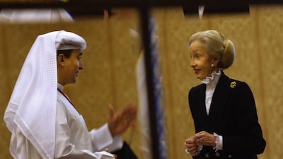 Dr Mohamed Chookah and Barbara Thomas talk during the Middle East Nuclear Power Briefing in Abu Dhabi. Delores Johnson / The National