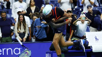 Kyrgios smashes his racket after his quarter-final match against Khachanov. Reuters
