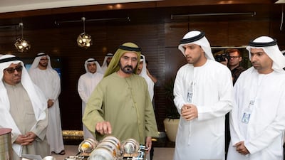 Readers are all praise for Sheikh Mohammed’s vision to lead the country towards steady progress. Above, Sheikh Mohammed launches the executive phases for building the Khalifa-Sat on Sunday. Wam