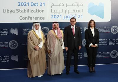 Abdul Hamid Dbeibah (2nd R) and Najla Mangoush (R) pose with Kuwaiti Foreign Minister Sheikh Ahmad Nasser al-Mohammad al-Sabah (L) and Saudi Arabia's Foreign Minister Prince Faisal bin Farhan at the conference aimed at supporting stability in Libya. AFP