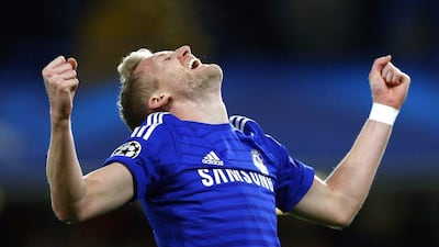 Chelsea's Andre Schurrle celebrates after scoring in his side's 3-1 Champions League victory on Wednesday night over Sporting Lisbon at Stamford Bridge. Eddie Keogh / Reuters