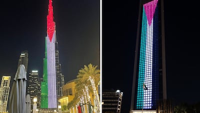 Burj Khalifa and the Adnoc building lit up in the colours of the Palestinian flag to mark the anniversary of the Palestinian Declaration of Independence. Photos: X