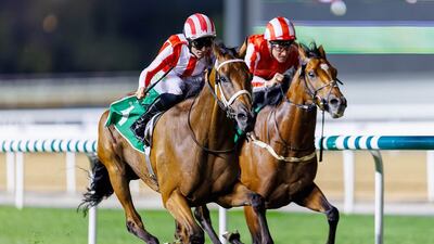 Pat Dobbs and Al Nayyir, left, win from Adrie de Vries and Withering at Meydan on Sunday, January 15, 2023. – Adiyat Racing Plus