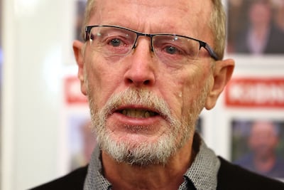 Thomas Hand, father of nine-year-old Emily Hand, cries during a press conference attended by families of hostages held by Palestinian militant group Hamas. AFP