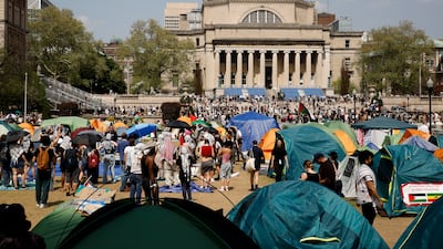 Student protesters gather at their camp at Columbia University in New York in April. AP