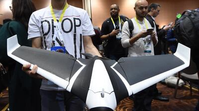The Parrot Disco prototype drone. The Disco is a 1.5-pound, fixed-wing drone with a fish-eye camera that can fly up to about 50 mph for about 45 minutes after being launched by tossing it in the air. Ethan Miller / Getty Images / AFP