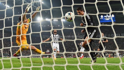 Cristiano Ronaldo of Real Madrid heads in to level against Juventus on Tuesday night 1-1 in the Champions League semi-final first leg in Turin. Michael Regan / Getty Images