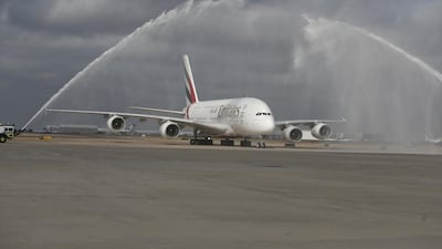 The Emirates A380 makes its first landing at Dallas Fort Worth. Courtesy Emirates