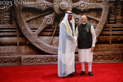 UAE President Sheikh Mohamed with India's Prime Minister Narendra Modi ahead of the G20 Leaders' Summit at the Bharat Mandapam in New Delhi on September 9, 2023. AFP