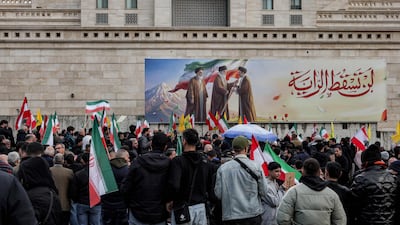 Demonstrators attend a rally in support of Hezbollah and to protest against the Lebanese government's decision to expel the Iranian ambassador, outside Iran's embassy in Beirut on March 26, 2026. AFP