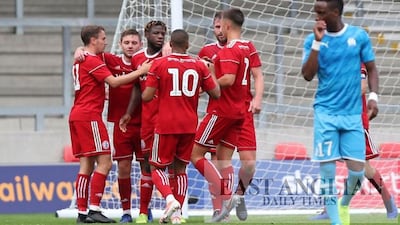 Accrington Stanley players celebrate scoring in a friendly against Marseille in 2019. Photo: Accrington Stanley / Twitter