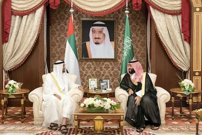 Sheikh Mohammed bin Zayed, Crown Prince of Abu Dhabi (left), meets Prince Mohammed bin Salman bin Abdulaziz, Crown Prince, Deputy Prime Minister and Minister of Defence of Saudi Arabia. Rashed Al Mansoori / Crown Prince Court - Abu Dhabi