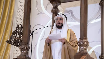 Waseem Yousef, Imam at the Sheikh Zayed Grand Mosque, delivers a sermon during Eid Al Adha prayers. Hamad Al Kaabi / Crown Prince Court - Abu Dhabi