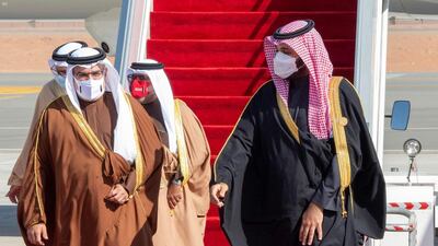 Saudi Crown Prince Mohammed bin Salman welcomes Bahrain's Crown Prince and Prime Minister Salman bin Hamad. SPA