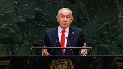 Benjamin Netanyahu addresses a largely empty hall at the UN General Assembly. Getty Images
