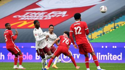 Arsenal’s Pierre-Emerick Aubameyang opens the scoring. PA