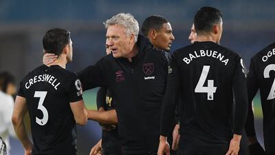 West Ham manager David Moyes with his players at the end of the victory at Leeds. AP