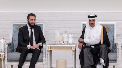 Sheikh Tamim receives Syrian President Ahmad Al Shara at Lusail Palace in Doha. Reuters