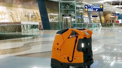 A cleaning robot in action at one of Dubai's metro station.