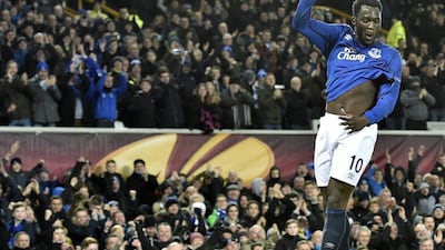 Everton's Romelu Lukaku celebrates scoring against BSC Young Boys on Thursday in the Europa League. Peter Schneider / EPA / February 26, 2015