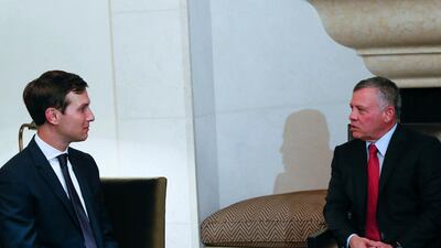 King Abdullah II of Jordan, right, with Jared Kushner in Amman on August 22, 2017 during the White House senior adviser's tour of the Middle East to discuss resuming the Israeli-Palestinian peace process. The Royal Hashemite Court Twitter via AP