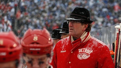 Coach Mike Babcock of the Detroit Red Wings watches the action during the second period of the NHL Winter Classic at Michigan Stadium on Wednesday in Ann Arbor, Michigan. Gregory Shamus/Getty Images