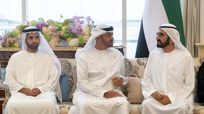 Sheikh Mohamed bin Zayed sits with Sheikh Mohamed bin Rashid and Sheikh Mohamed bin Saudi, Crown Prince and Deputy Ruler of Ras Al Khaimah. Rashed Al Mansoori / Ministry of Presidential Affairs
